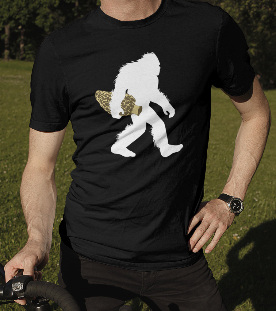 Bigfoot Silhouette Carrying Morel Mushroom T-Shirt