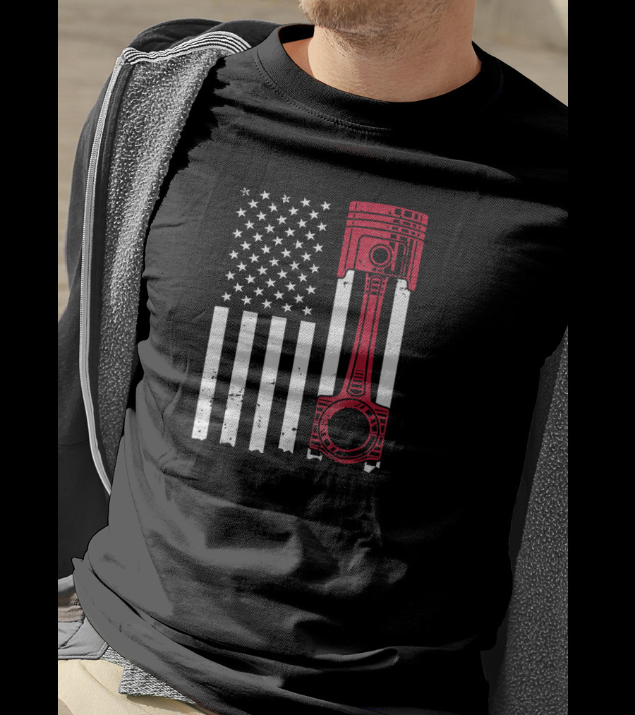 American Flag Piston Car Enthusiast Muscle T-Shirt