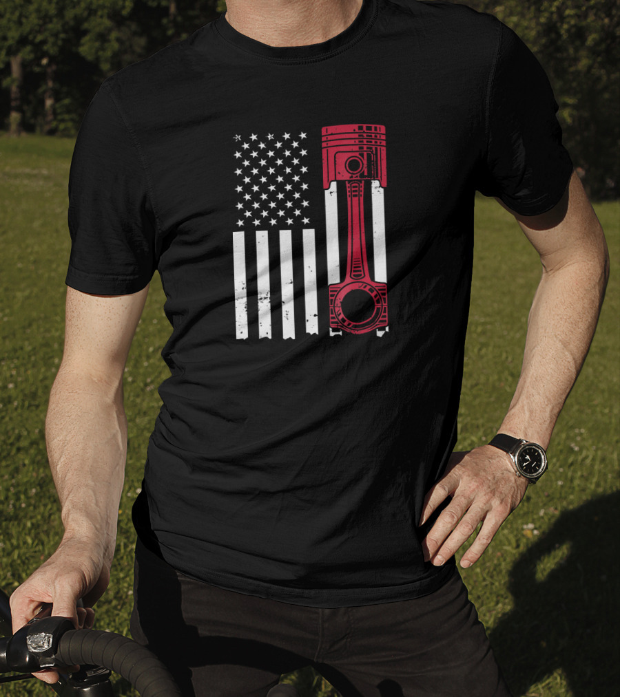 American Flag Piston Car Enthusiast Muscle T-Shirt