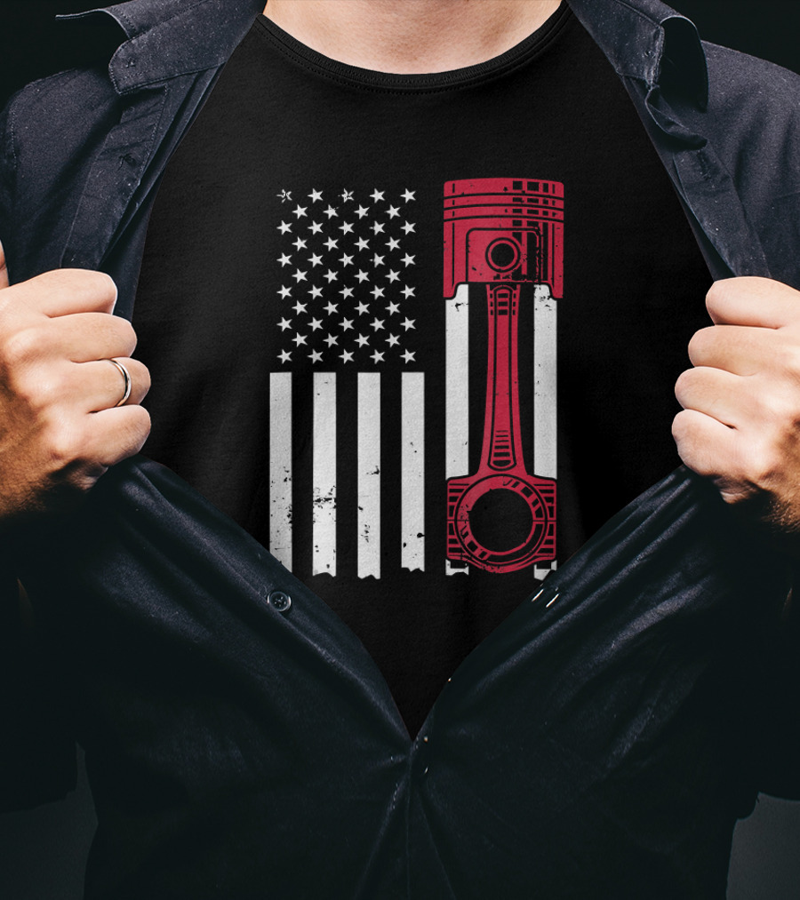 American Flag Piston Car Enthusiast Muscle T-Shirt