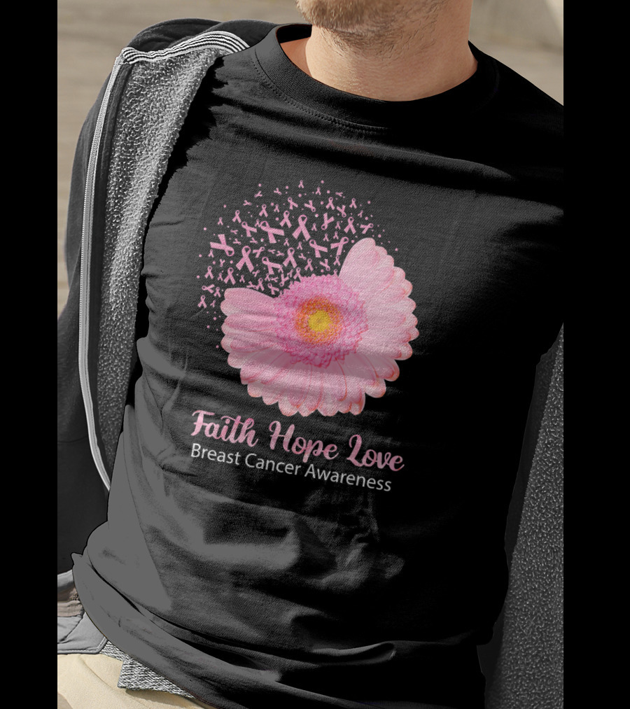 Faith Hope Love Pink Ribbon Florals Breast Cancer Awareness T-Shirt