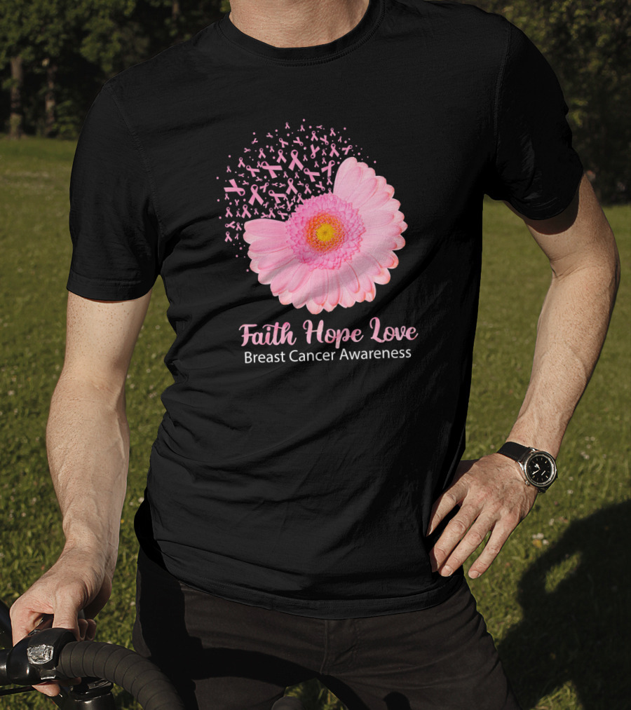 Faith Hope Love Pink Ribbon Florals Breast Cancer Awareness T-Shirt