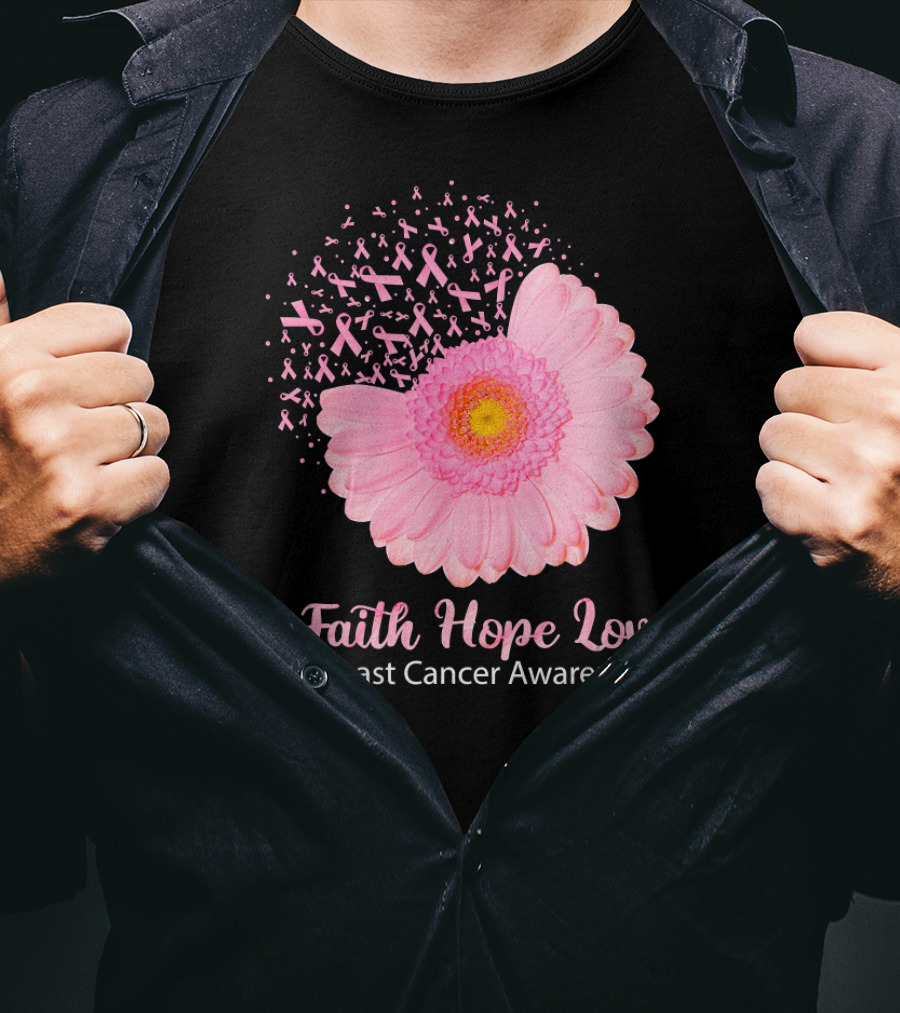 Faith Hope Love Pink Ribbon Florals Breast Cancer Awareness T-Shirt
