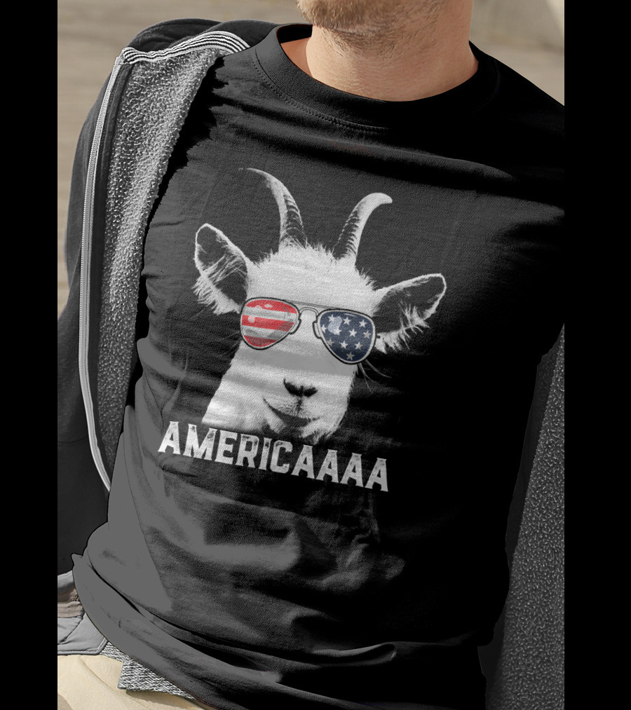 AMERICAAAA Patriotic Goat USA Flag Sunglasses Independence Day T-Shirt