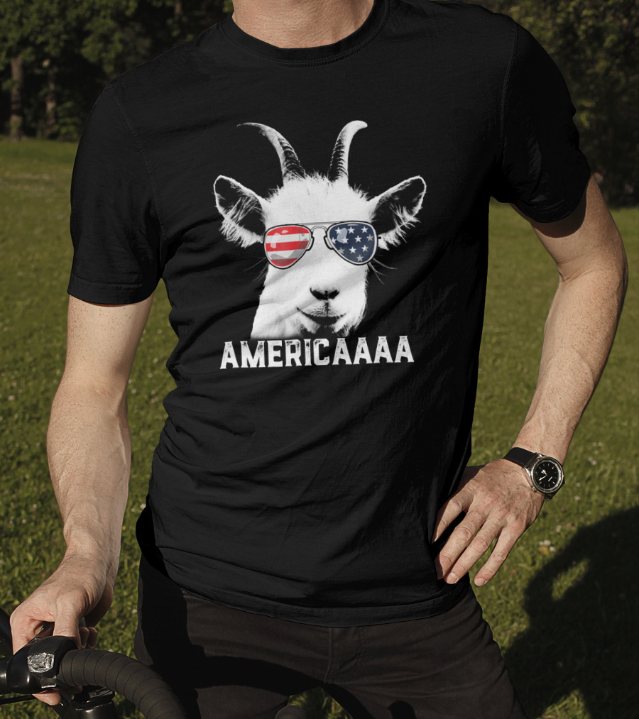 AMERICAAAA Patriotic Goat USA Flag Sunglasses Independence Day T-Shirt