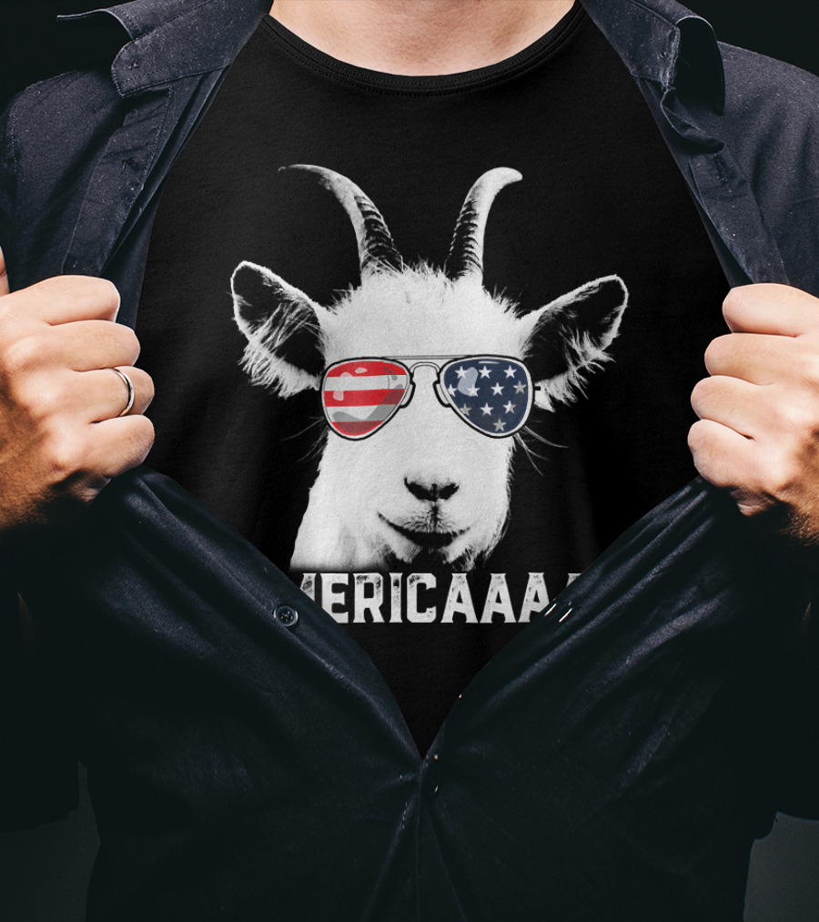 AMERICAAAA Patriotic Goat USA Flag Sunglasses Independence Day T-Shirt