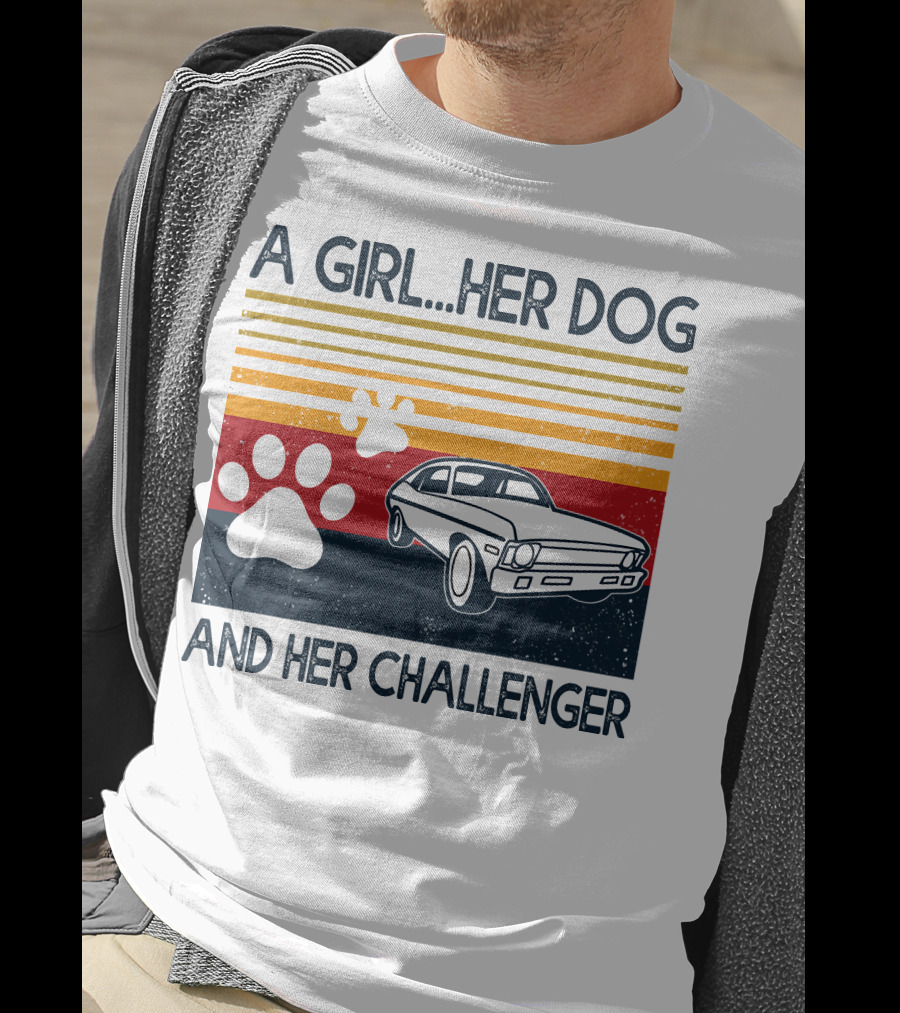 A Girl Her Dog And Her Challenger Vintage Car With Paw Prints T-Shirt