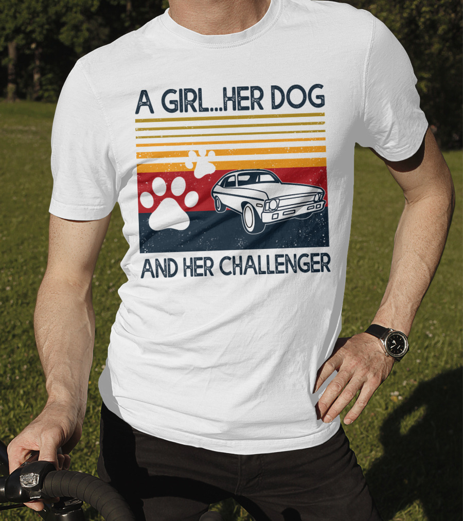 A Girl Her Dog And Her Challenger Vintage Car With Paw Prints T-Shirt