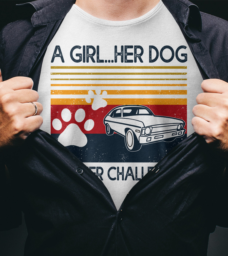 A Girl Her Dog And Her Challenger Vintage Car With Paw Prints T-Shirt