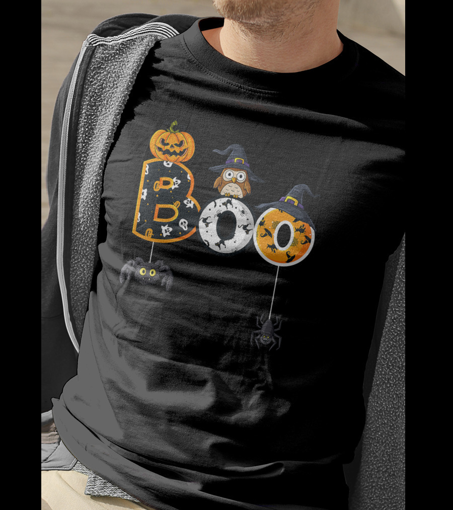 Halloween Boo Pumpkin Owl Witch Hat Spiders T-Shirt