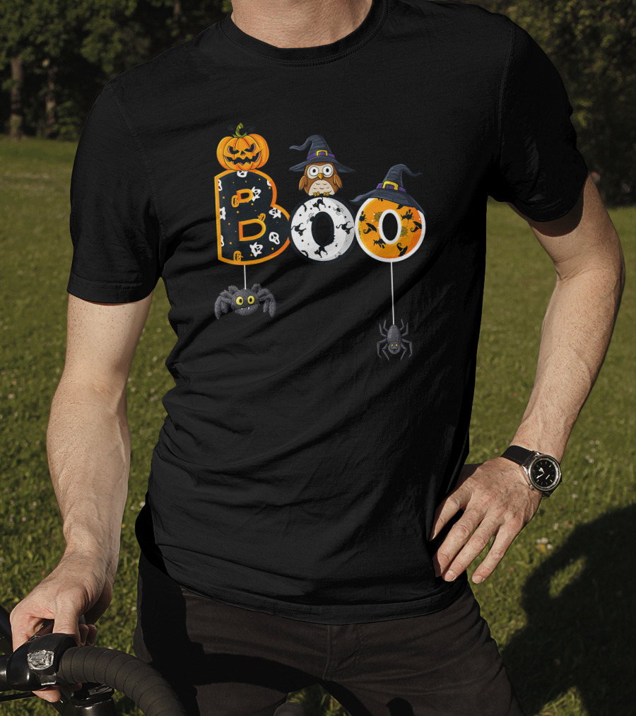 Halloween Boo Pumpkin Owl Witch Hat Spiders T-Shirt