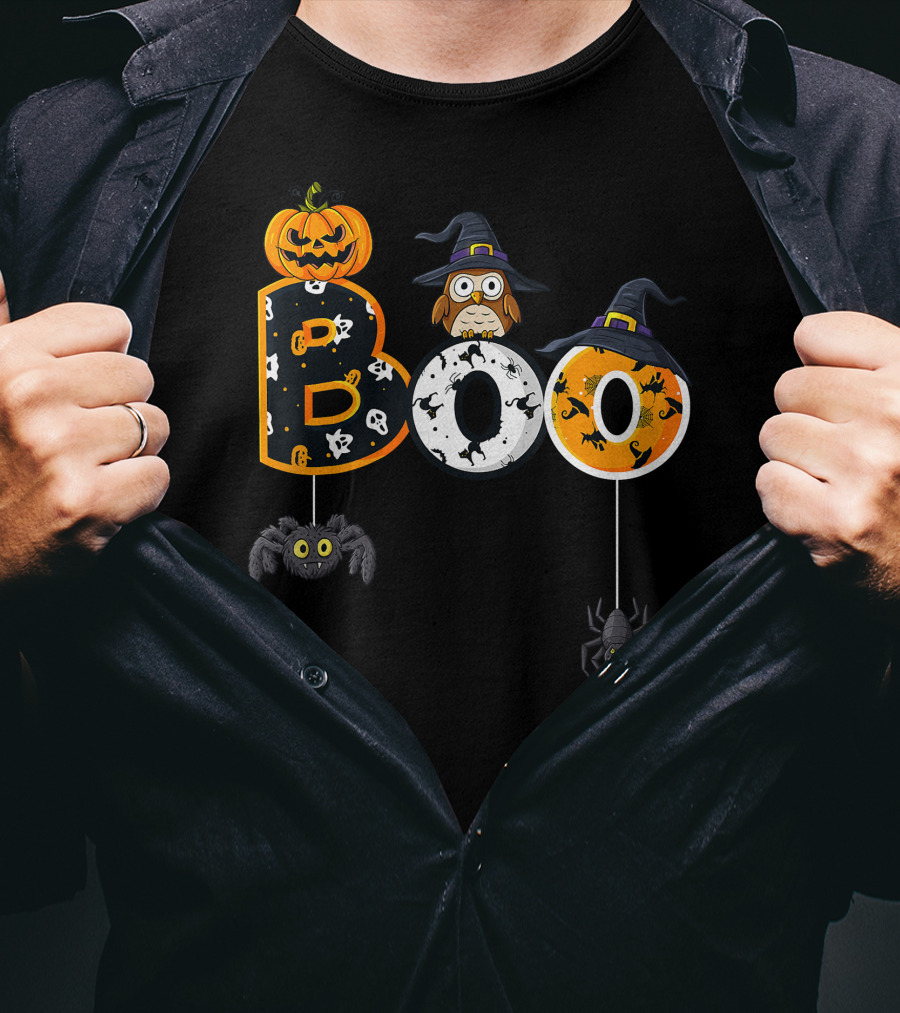 Halloween Boo Pumpkin Owl Witch Hat Spiders T-Shirt