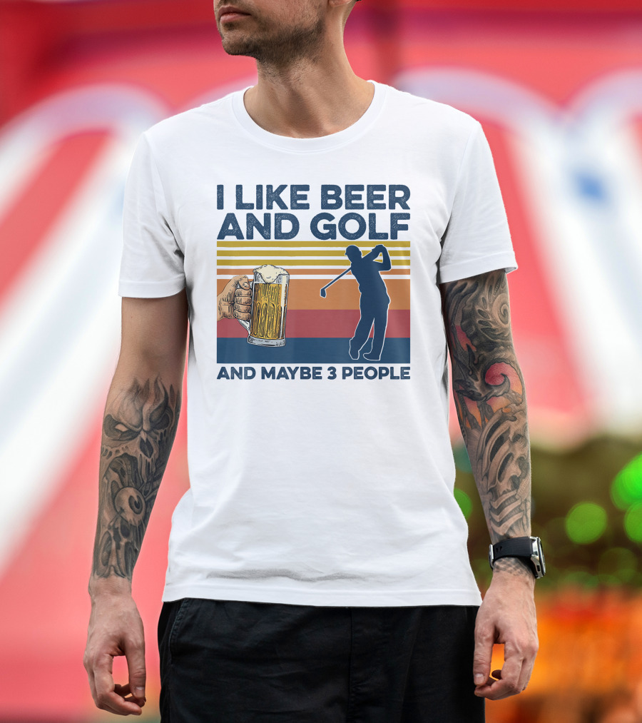I Like Beer and Golf Maybe 3 People Retro Silhouette with Beer Mug T-Shirt