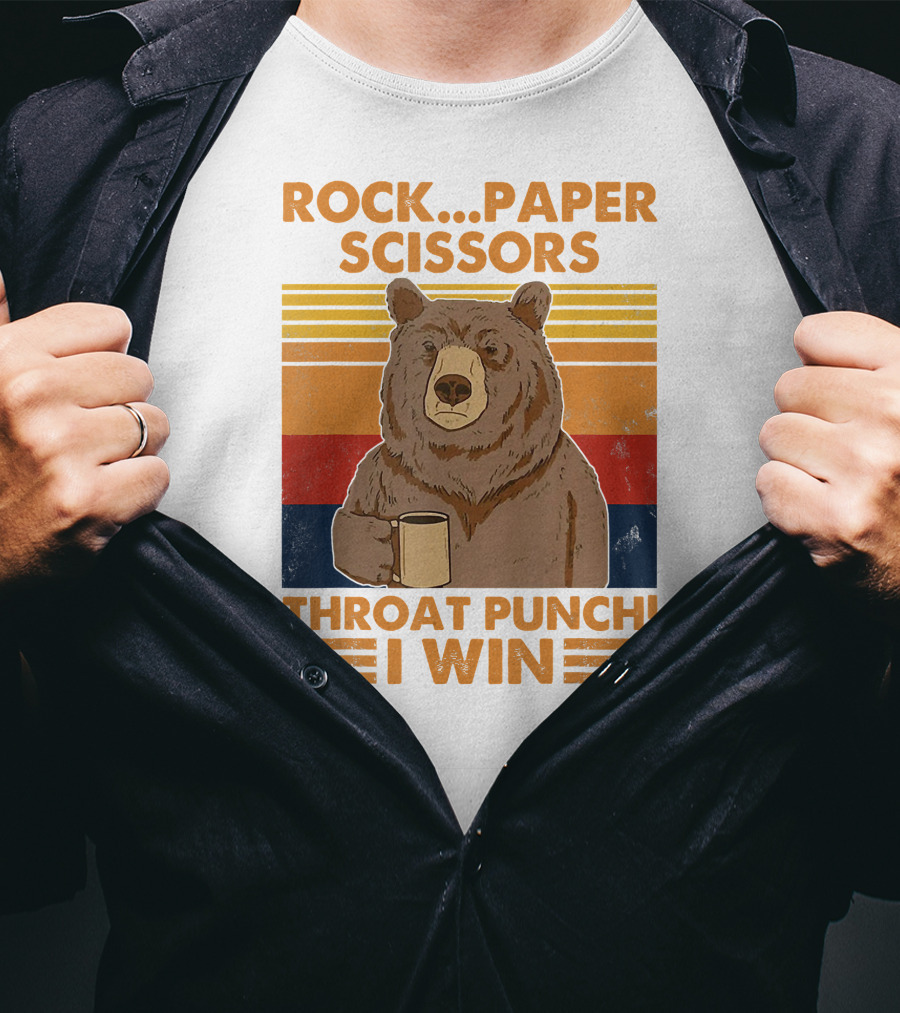 Rock Paper Scissors Throat Punch I Win Funny Bear Retro Style With Coffee Mug T-Shirt