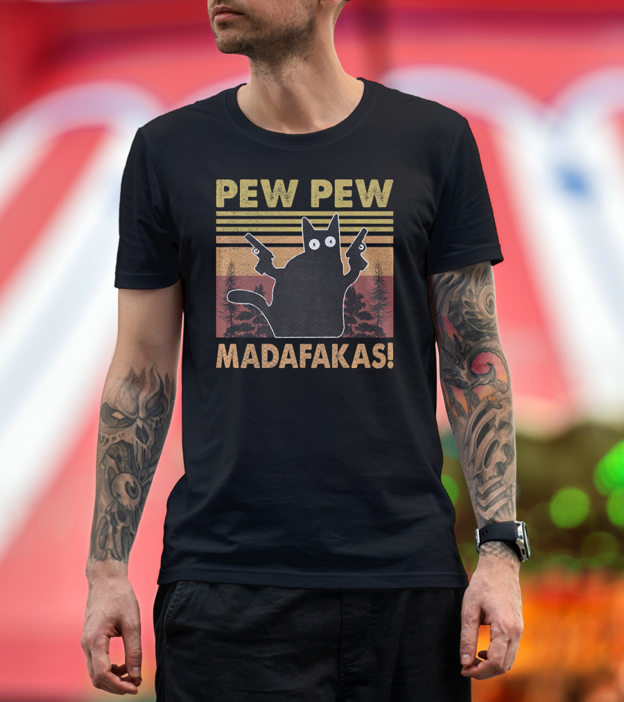 Pew Pew Madafakas Cat Vintage Retro Sunset Forest T-Shirt