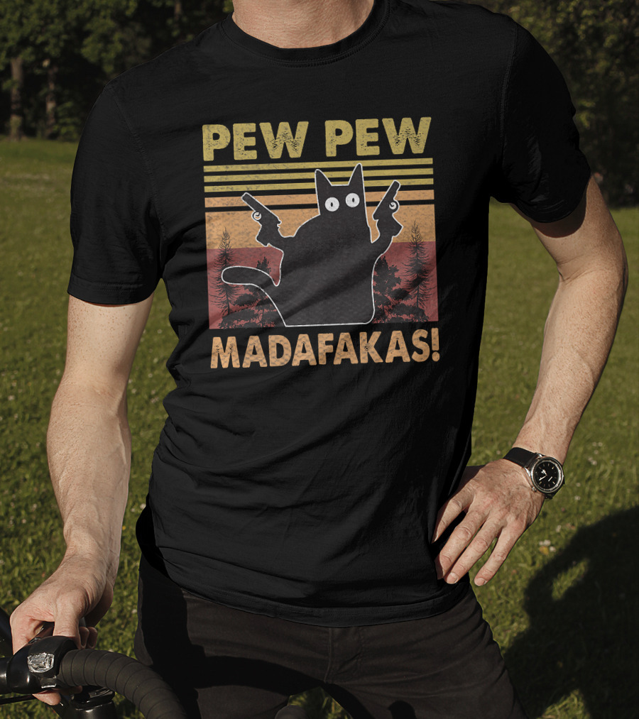Pew Pew Madafakas Cat Vintage Retro Sunset Forest T-Shirt