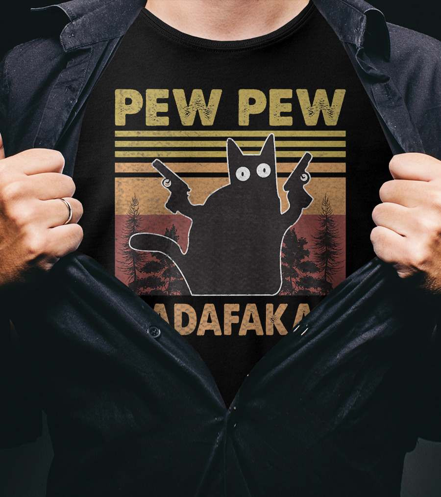 Pew Pew Madafakas Cat Vintage Retro Sunset Forest T-Shirt