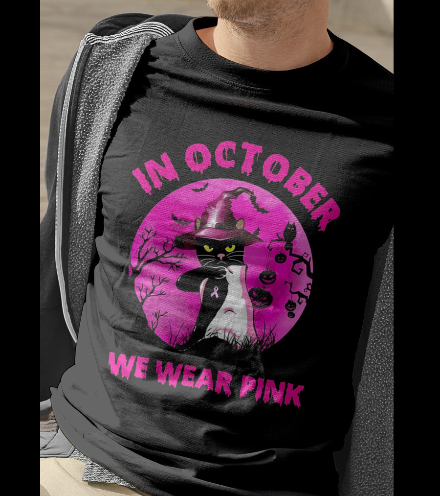 In October We Wear Pink Black Cat Witch Hat Pumpkin Breast Cancer Awareness T-Shirt