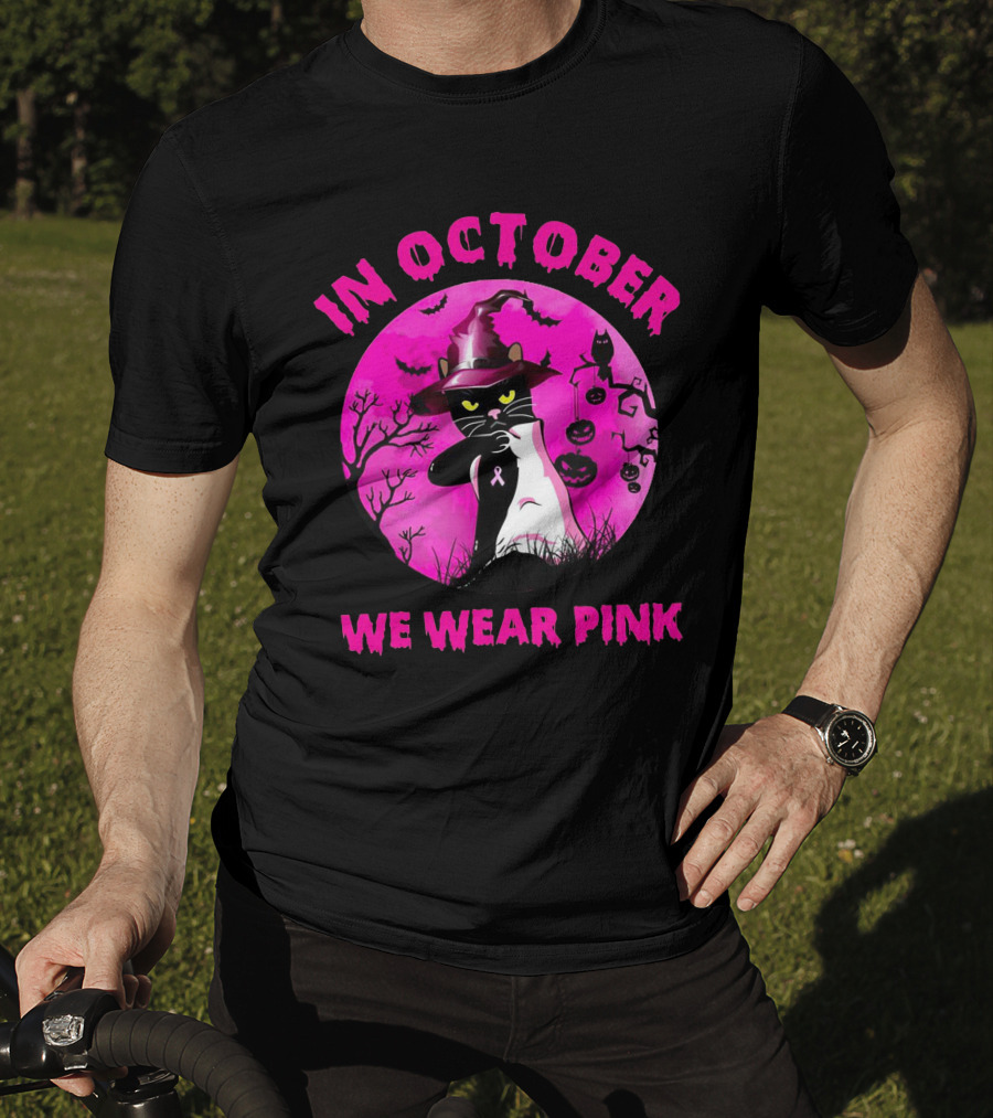 In October We Wear Pink Black Cat Witch Hat Pumpkin Breast Cancer Awareness T-Shirt