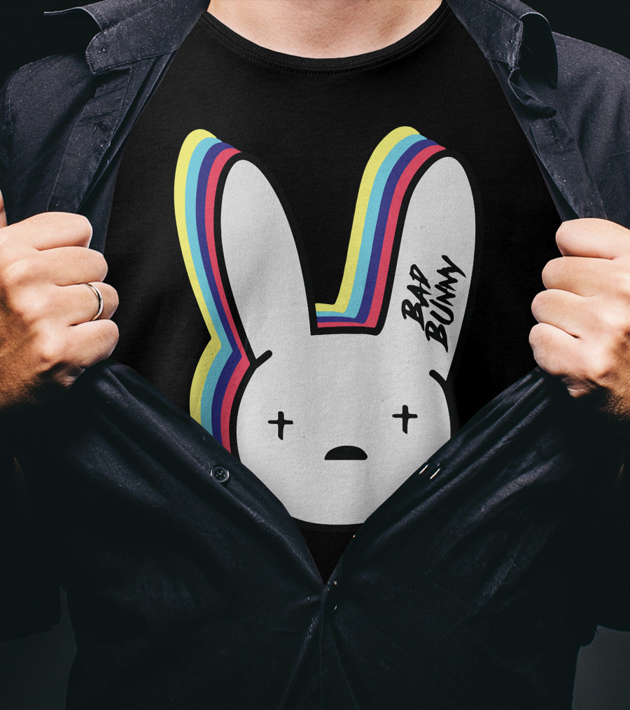 Bad Bunny Cross-Eyed Bunny Head Multicolor Outline T-Shirt