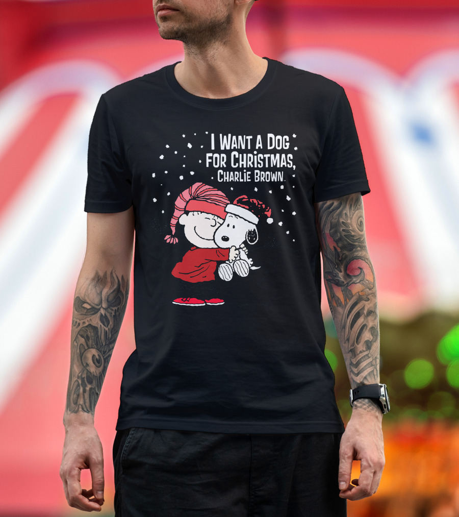 I Want a Dog for Christmas Charlie Brown Snoopy Hugging Linus Snow Scene T-Shirt