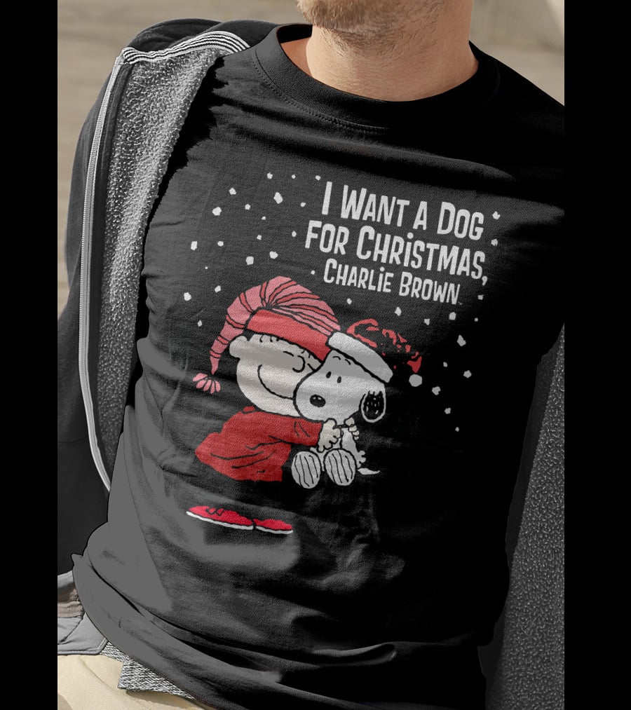 I Want A Dog For Christmas Charlie Brown Snoopy Hugging Linus Snow Scene T-Shirt