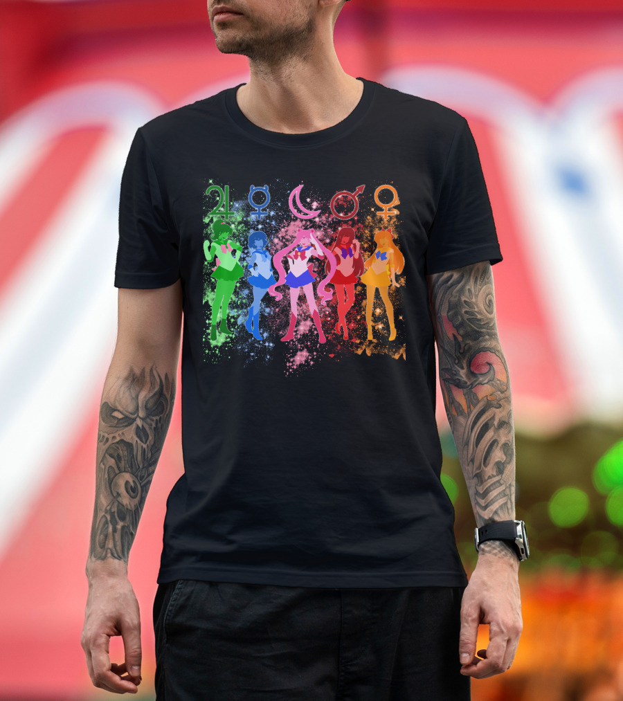 Sailor Moon The Inner Senshi with Planetary Symbols and Colorful Cosmic Background T-Shirt