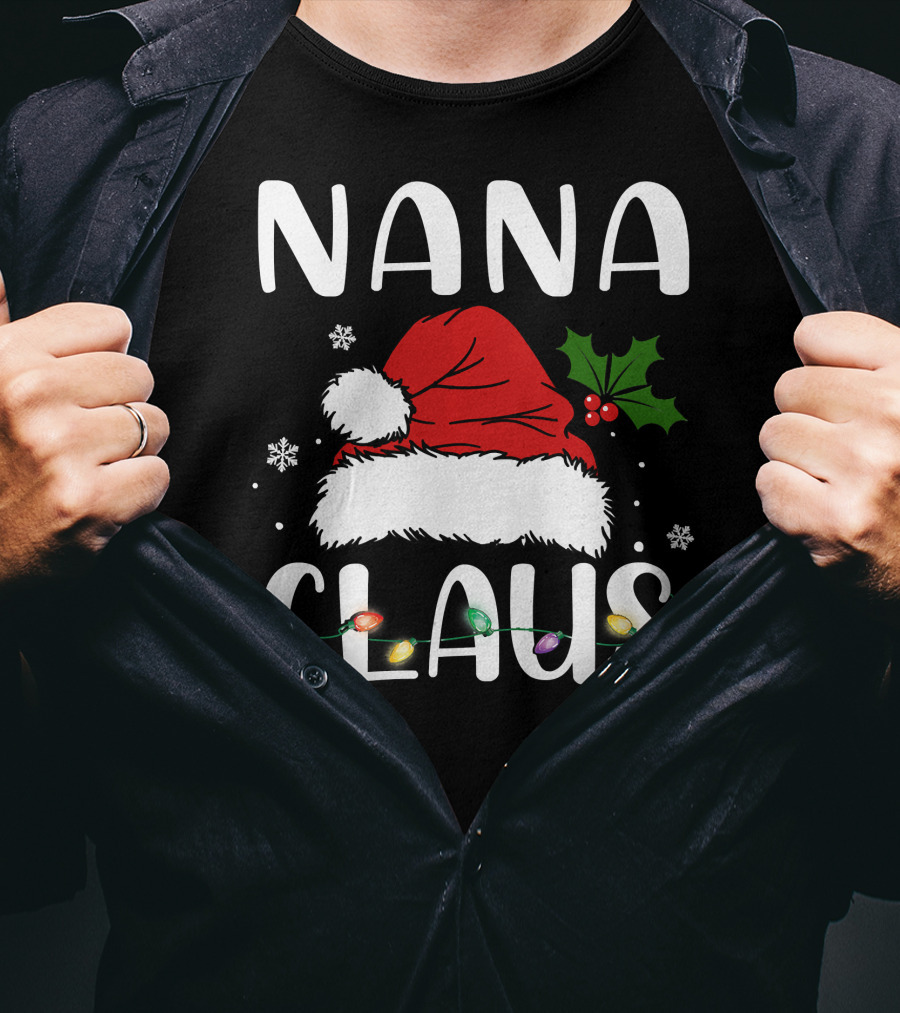 Nana Claus Santa Hat Holly Lights Snowflakes T-Shirt