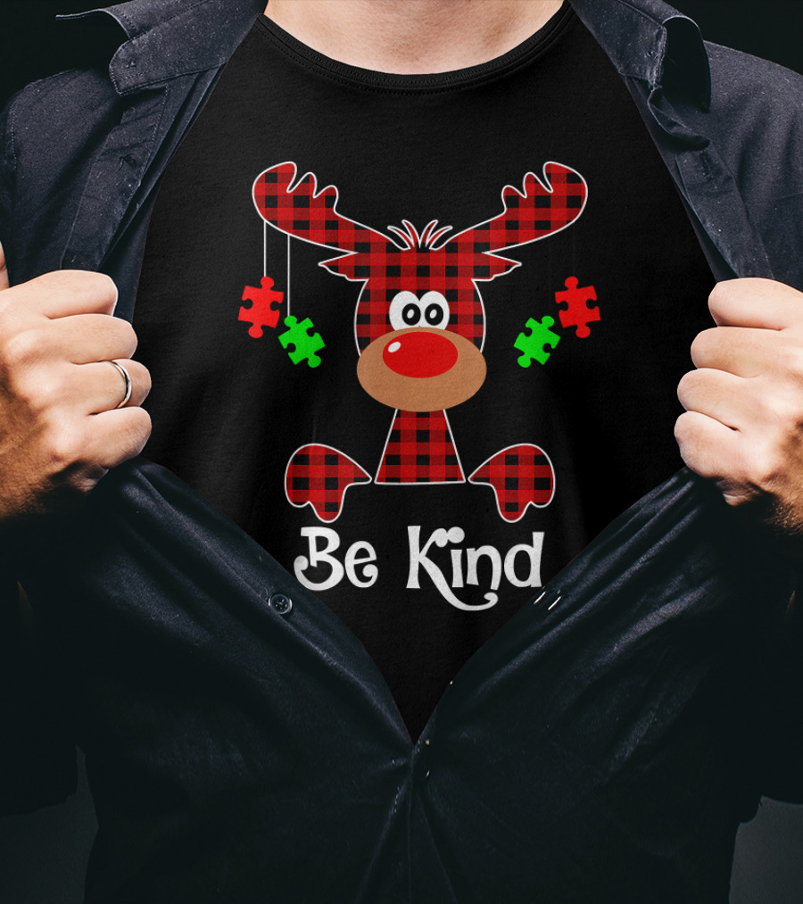 Be Kind Red Plaid Reindeer With Green Puzzle Pieces T-Shirt