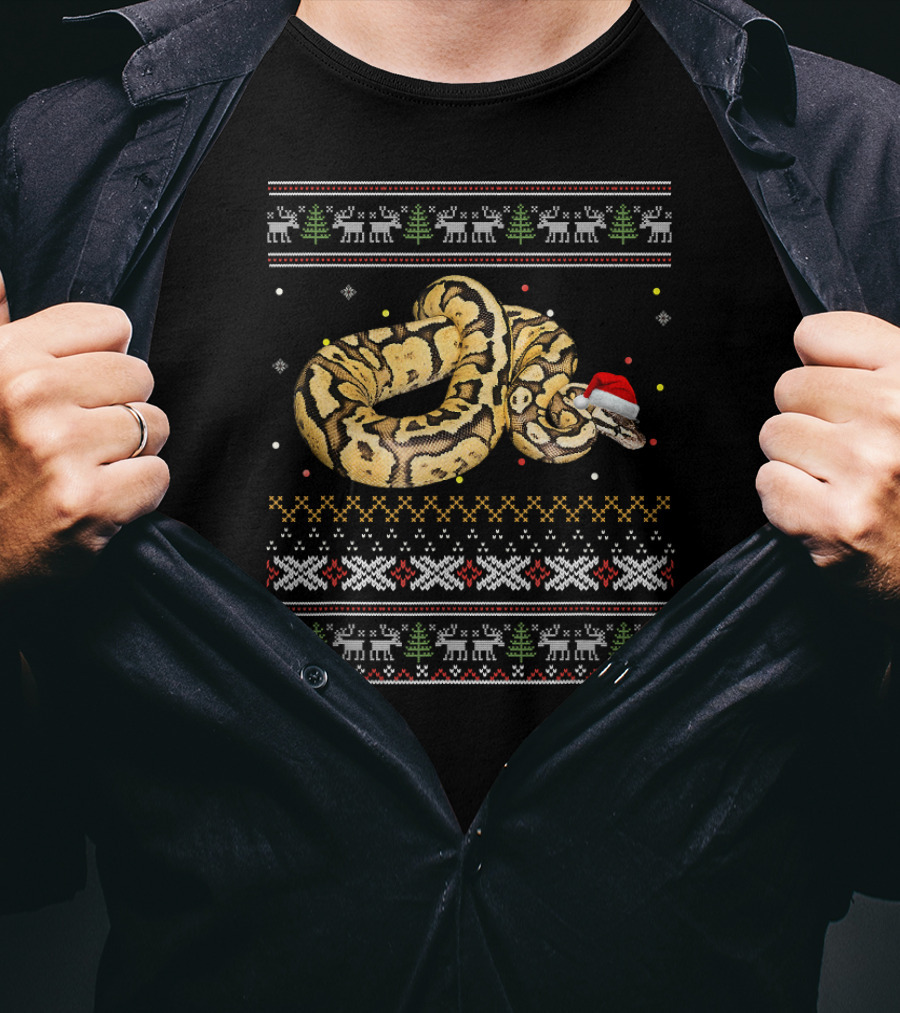 Ball Python Christmas Ugly Sweater Pattern Santa Hat T-Shirt