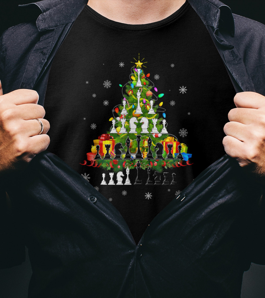 Chess Christmas Tree Lights Funny Holiday Chess Pieces T-Shirt