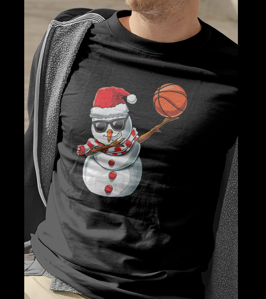 Christmas Snowman Dabbing Basketball Santa Scarf Glasses T-Shirt