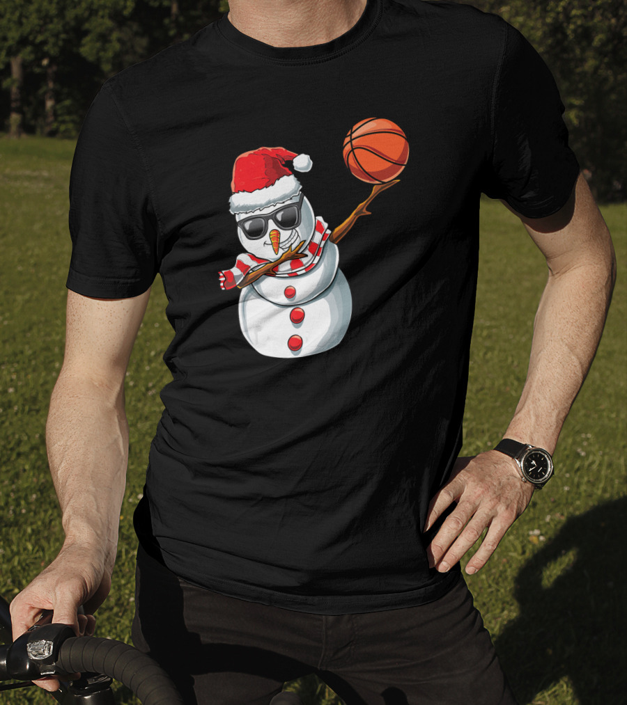 Christmas Snowman Dabbing Basketball Santa Scarf Glasses T-Shirt