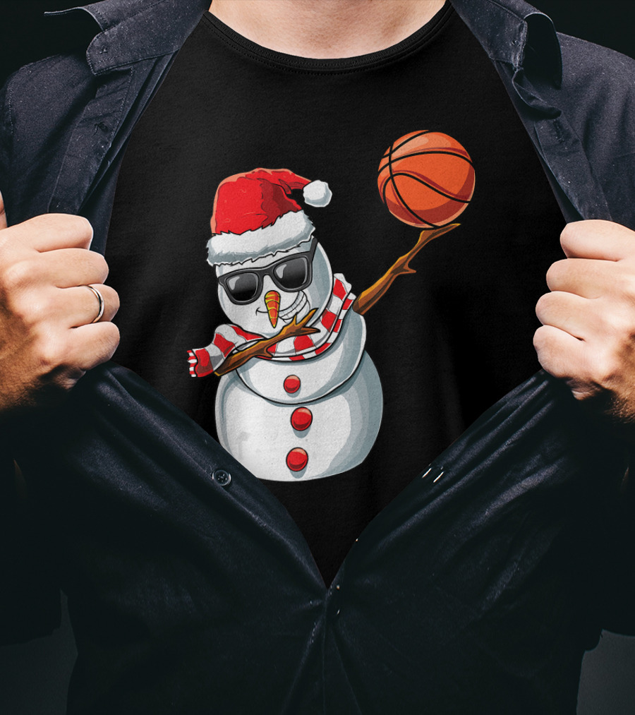 Christmas Snowman Dabbing Basketball Santa Scarf Glasses T-Shirt