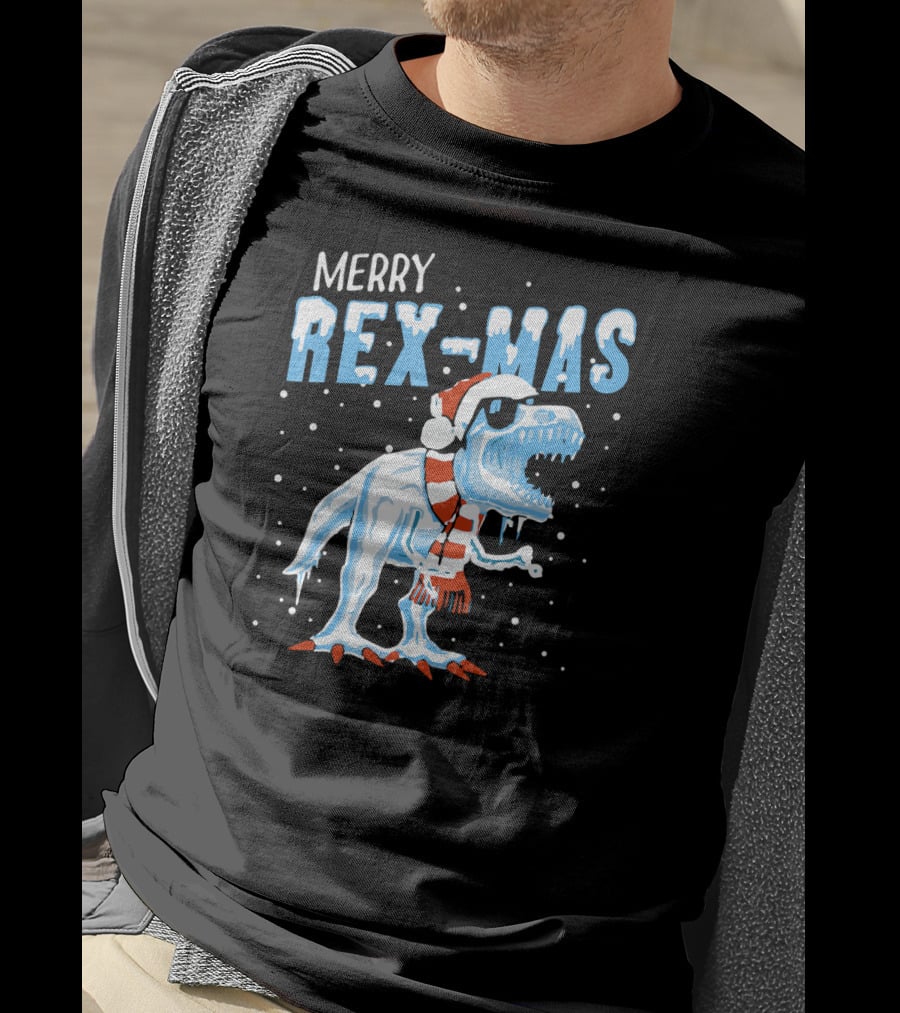 Merry Rexmas Christmas Dinosaur Wearing Santa Hat And Scarf T-Shirt