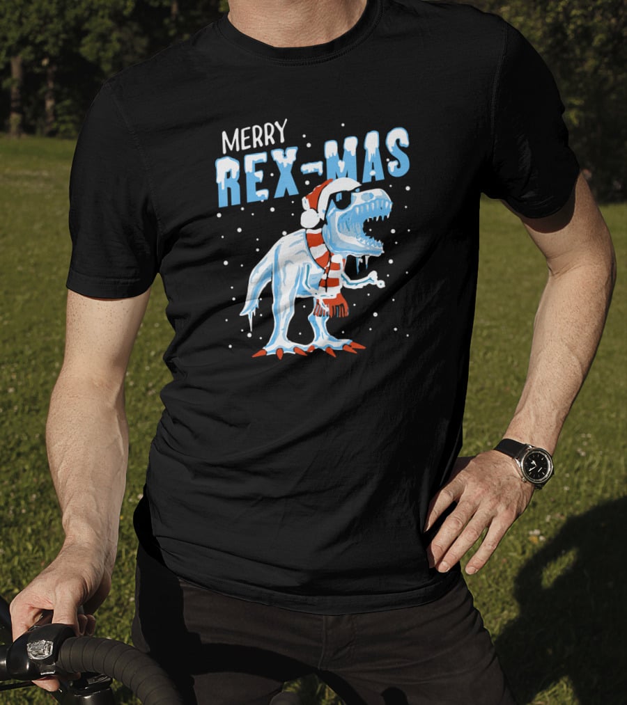 Merry Rexmas Christmas Dinosaur Wearing Santa Hat And Scarf T-Shirt