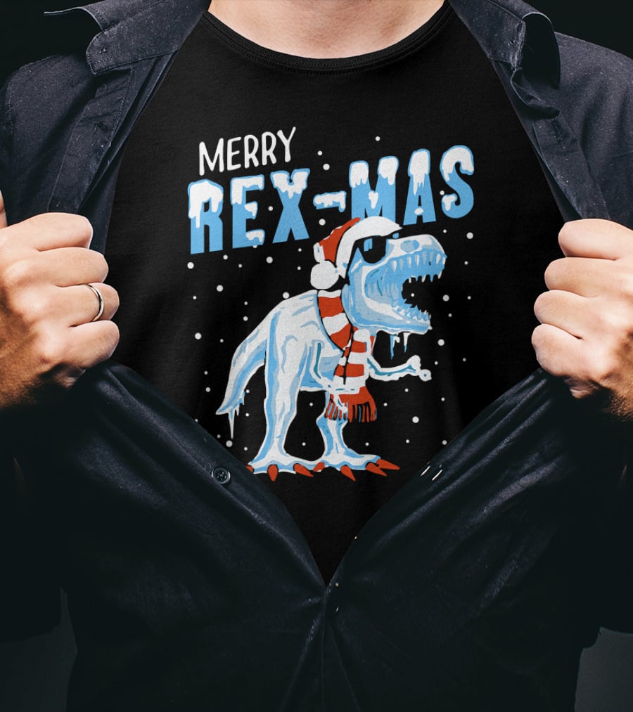Merry Rexmas Christmas Dinosaur Wearing Santa Hat And Scarf T-Shirt