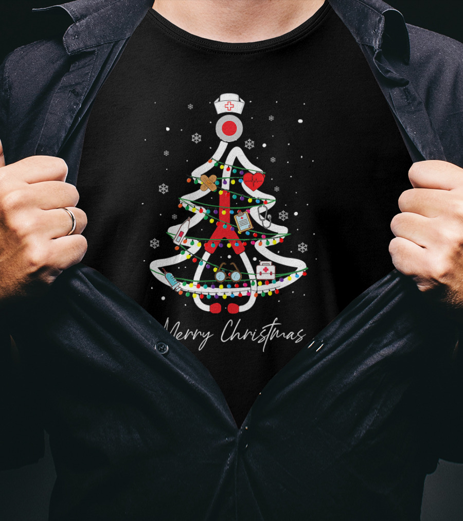 Merry Christmas Nurse Holiday Tree Yuletide Practitioners T-Shirt