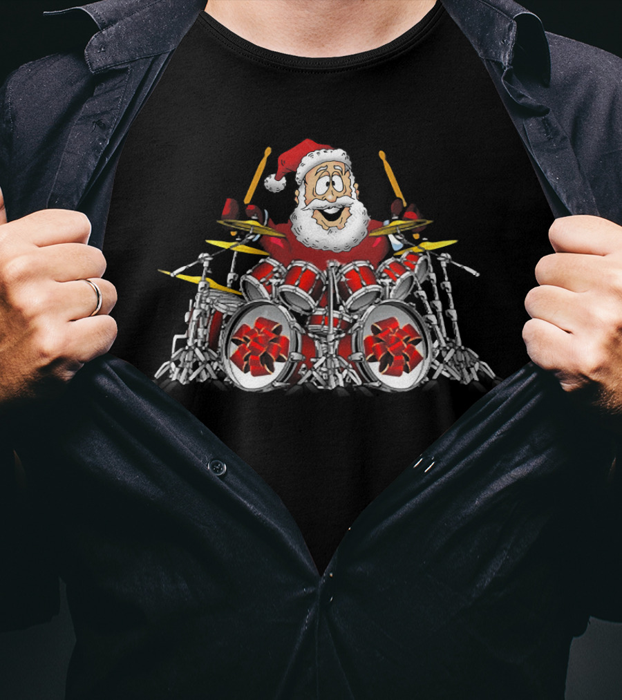 Christmas Santa Drummer Playing Red Drum Kit T-Shirt