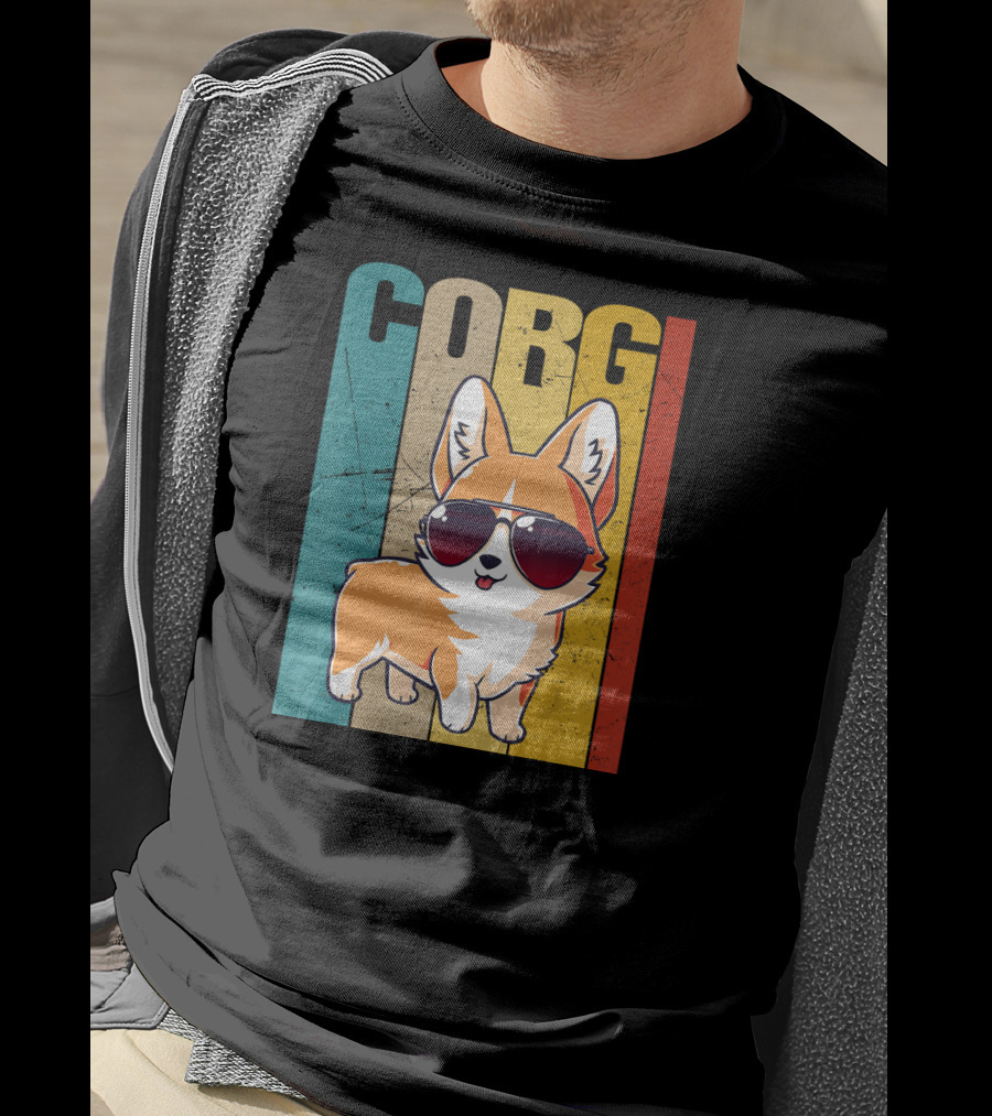 Corgi With Sunglasses Retro Stripes T-Shirt