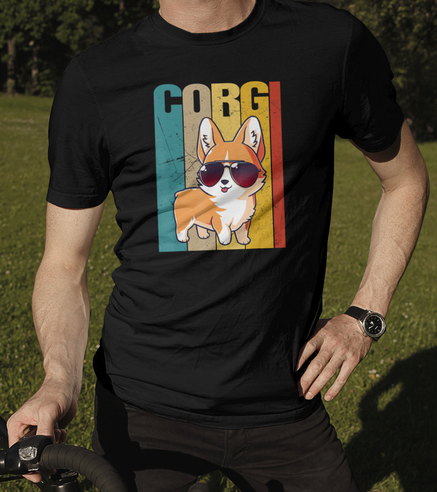 Corgi With Sunglasses Retro Stripes T-Shirt