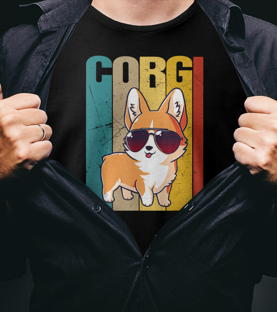 Corgi With Sunglasses Retro Stripes T-Shirt