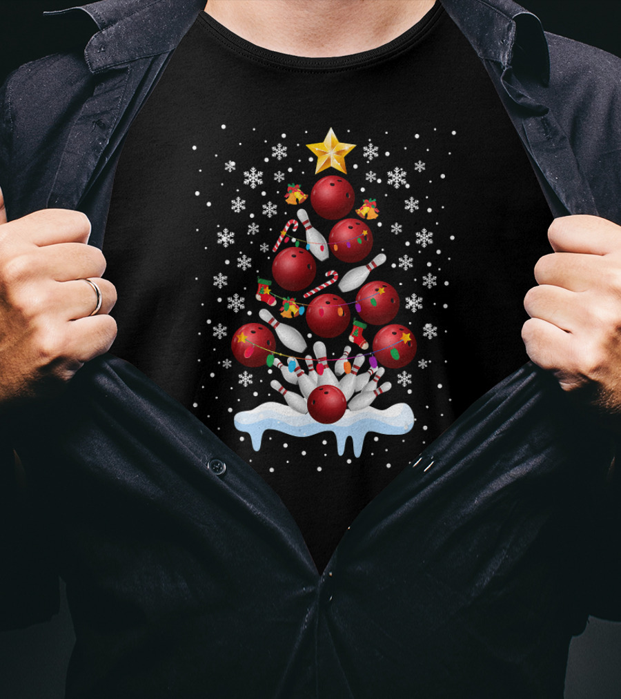 Funny Bowling Christmas Tree Pins Snowflakes Lights T-Shirt