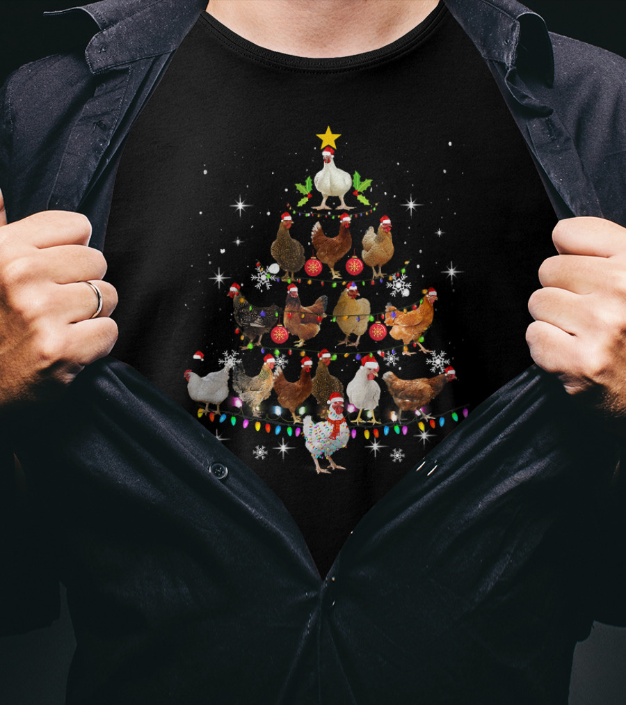 Funny Chickens Christmas Tree Decorated With Santa Hats And Holiday Ornaments T-Shirt