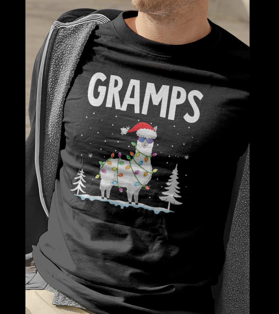 GRAMPS Llama Christmas Lights Holiday Snow Santa Hat T-Shirt