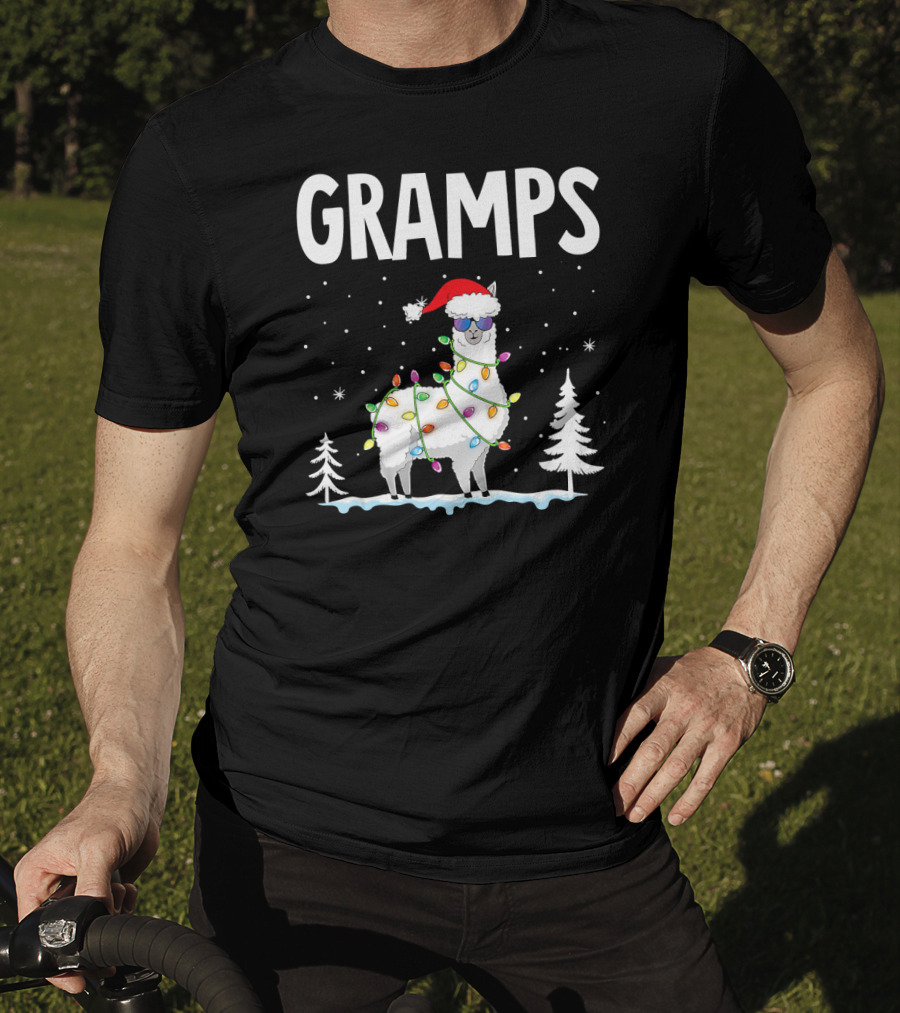 GRAMPS Llama Christmas Lights Holiday Snow Santa Hat T-Shirt