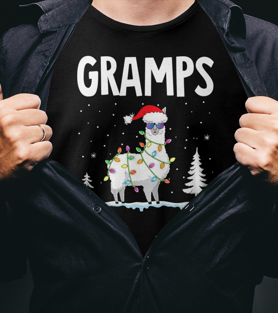 GRAMPS Llama Christmas Lights Holiday Snow Santa Hat T-Shirt