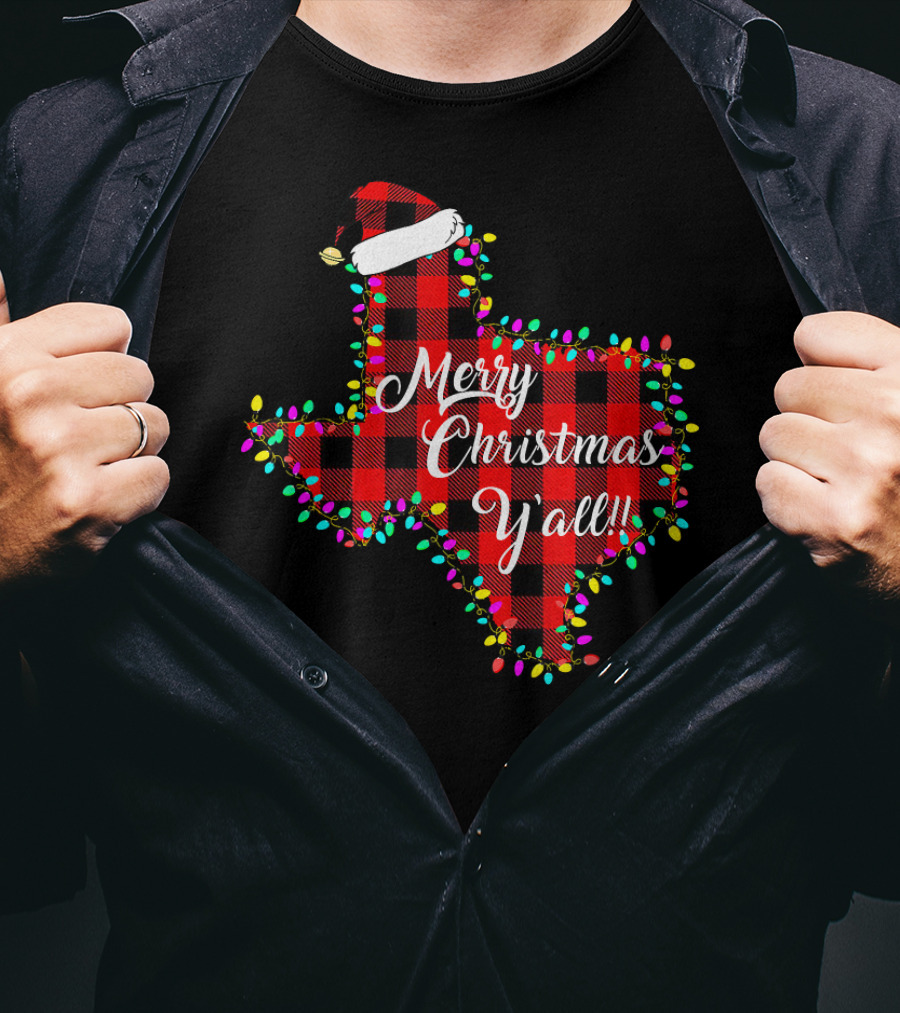 Texas Merry Christmas Y'All Plaid Lights T-Shirt