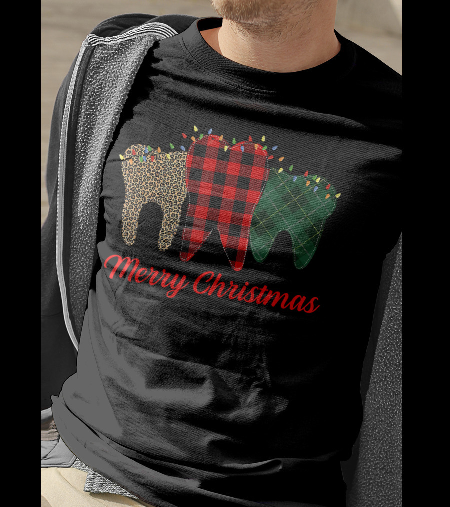 Merry Christmas Teeth Plaid Leopard Pattern With Holiday Lights T-Shirt