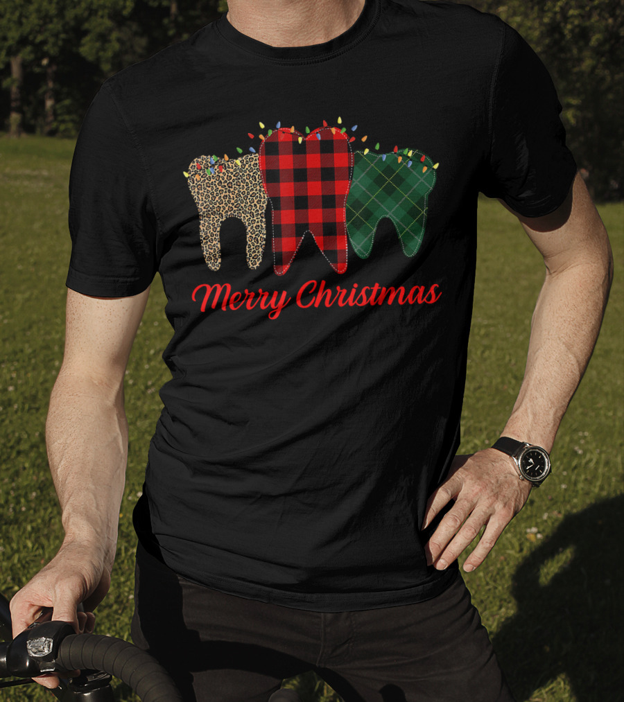 Merry Christmas Teeth Plaid Leopard Pattern With Holiday Lights T-Shirt